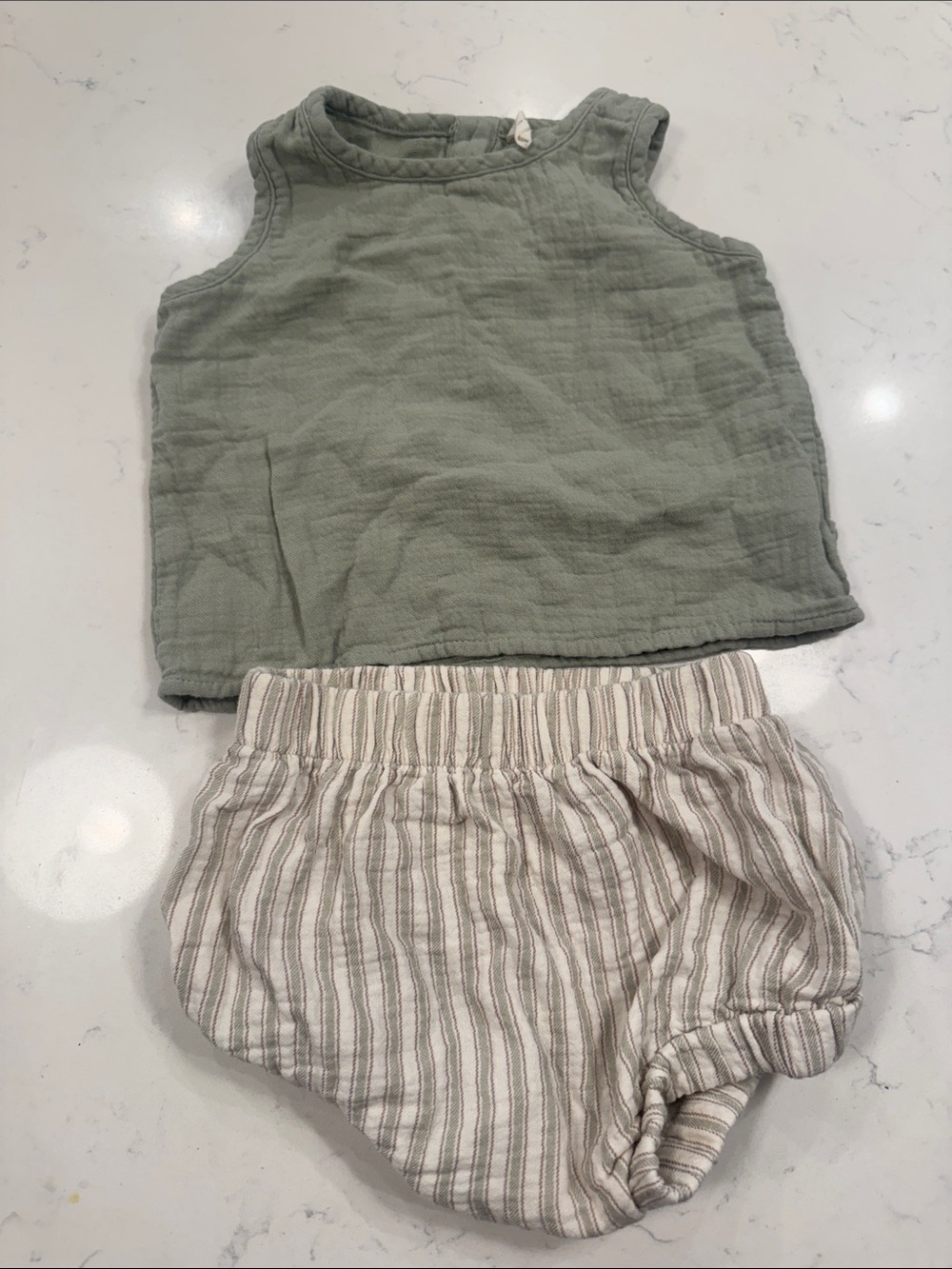 Quincy Mae Sage Green Tank Top with Neutral Striped Bloomers